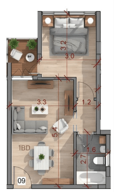 Type B, 1 bedroom floor plan