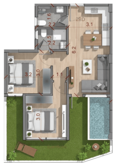 Type A, 2 bedrooms floor plan