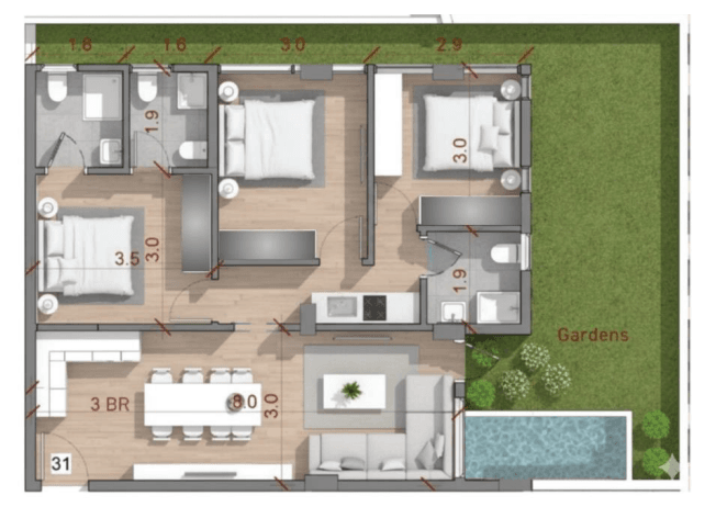Type A, 3 bedrooms floor plan